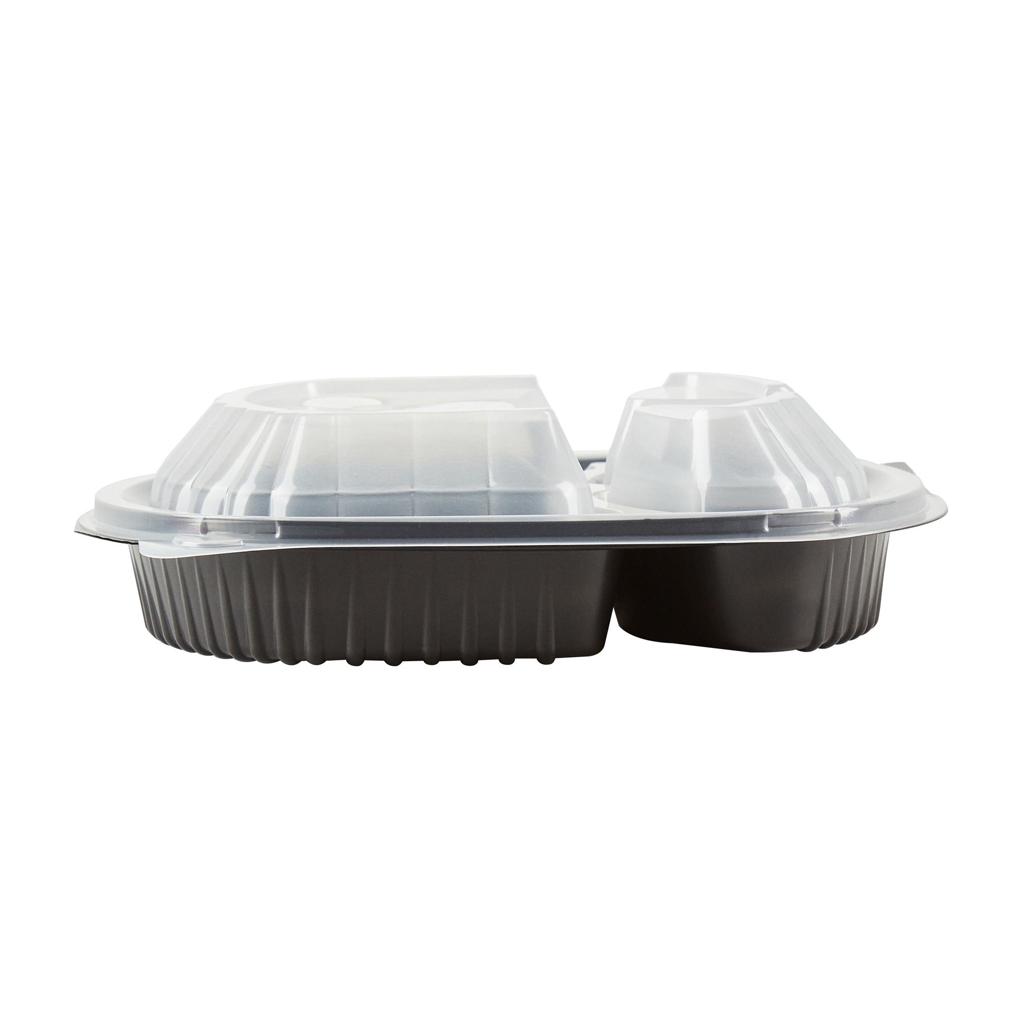 Chef 101 27 oz Oval Black Plastic Food Container - with Clear Lid, 3 Compartments, Microwavable - 9 1/2" x 8" x 2 3/4" - 50 count box