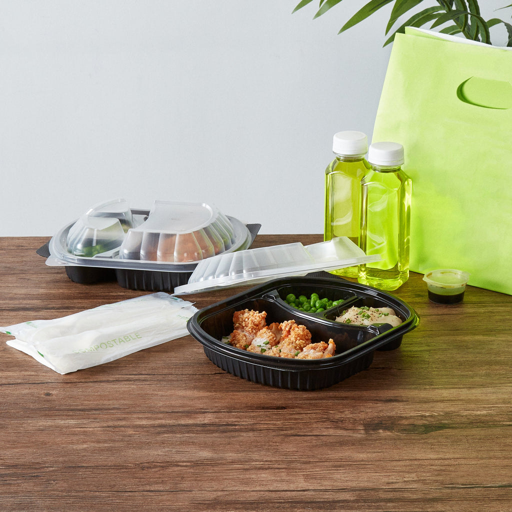 Chef 101 27 oz Oval Black Plastic Food Container - with Clear Lid, 3 Compartments, Microwavable - 9 1/2" x 8" x 2 3/4" - 50 count box