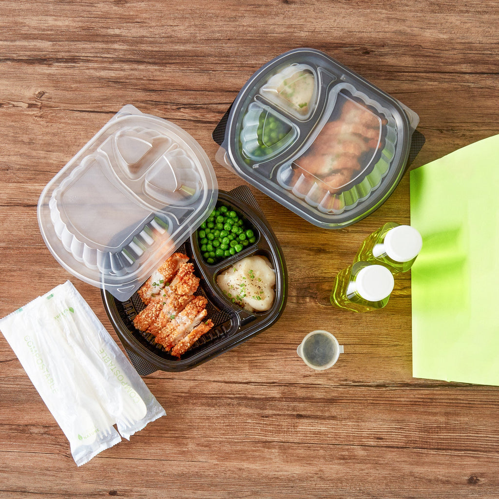 Chef 101 27 oz Oval Black Plastic Food Container - with Clear Lid, 3 Compartments, Microwavable - 9 1/2" x 8" x 2 3/4" - 50 count box