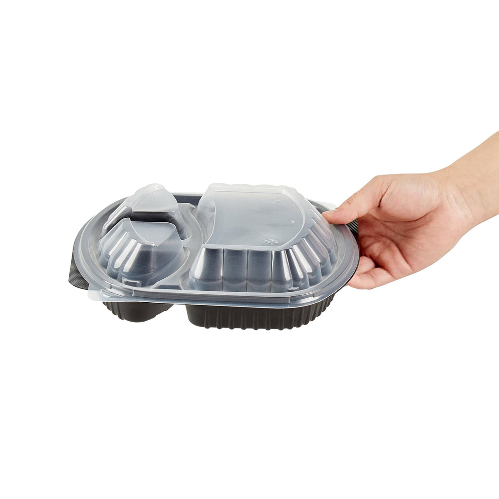 Chef 101 27 oz Oval Black Plastic Food Container - with Clear Lid, 3 Compartments, Microwavable - 9 1/2" x 8" x 2 3/4" - 100 count box