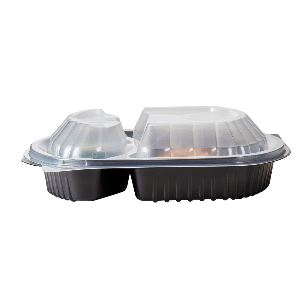 Chef 101 27 oz Oval Black Plastic Food Container - with Clear Lid, 3 Compartments, Microwavable - 9 1/2" x 8" x 2 3/4" - 100 count box
