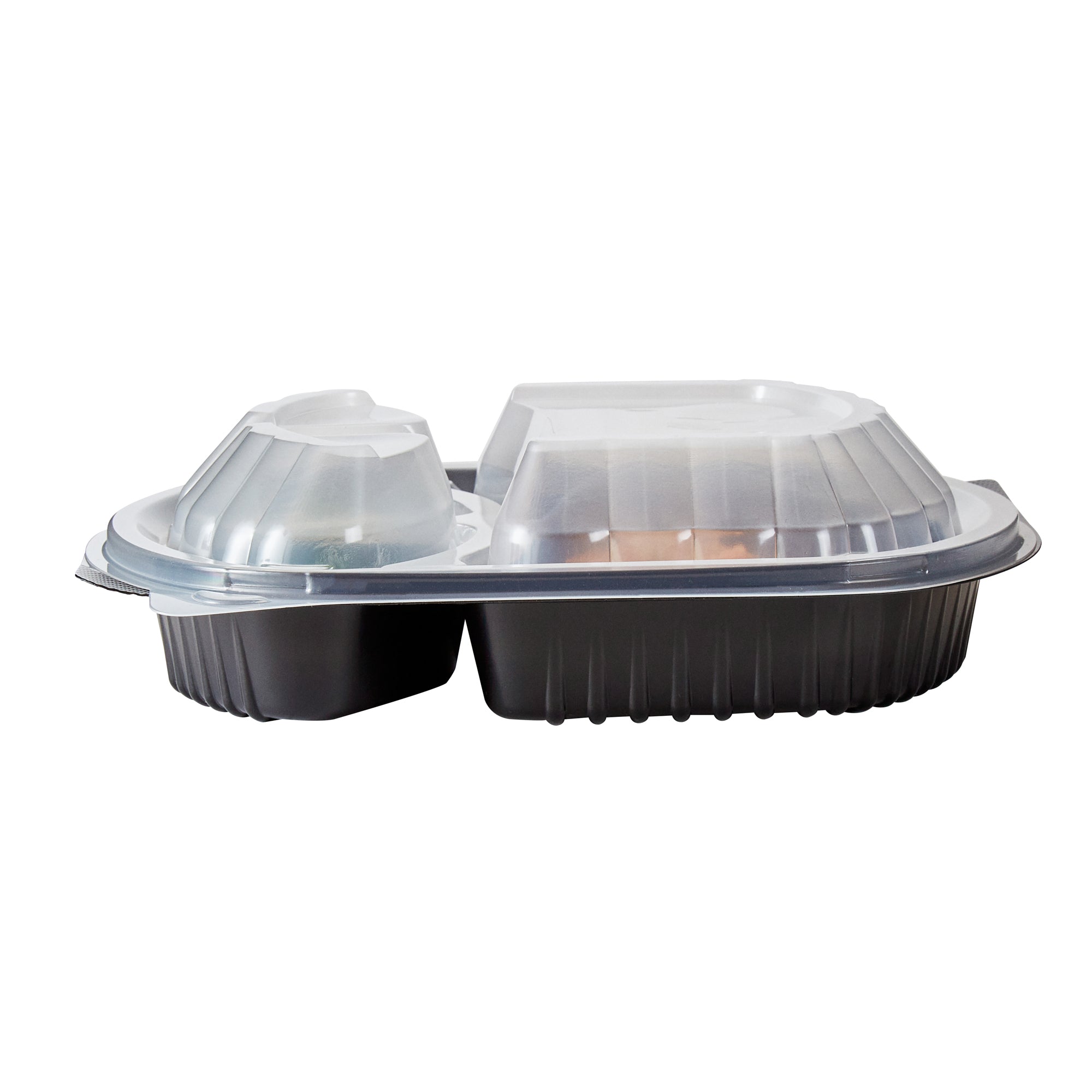 Chef 101 27 oz Oval Black Plastic Food Container - with Clear Lid, 3 Compartments, Microwavable - 9 1/2" x 8" x 2 3/4" - 100 count box