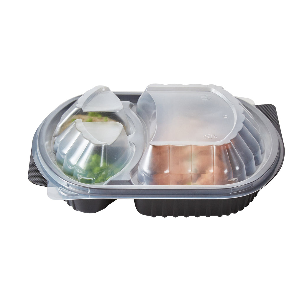 Chef 101 27 oz Oval Black Plastic Food Container - with Clear Lid, 3 Compartments, Microwavable - 9 1/2" x 8" x 2 3/4" - 100 count box