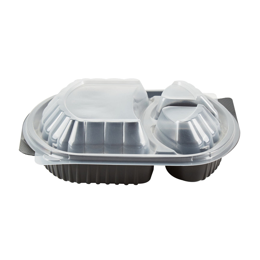 Chef 101 27 oz Oval Black Plastic Food Container - with Clear Lid, 3 Compartments, Microwavable - 9 1/2" x 8" x 2 3/4" - 100 count box