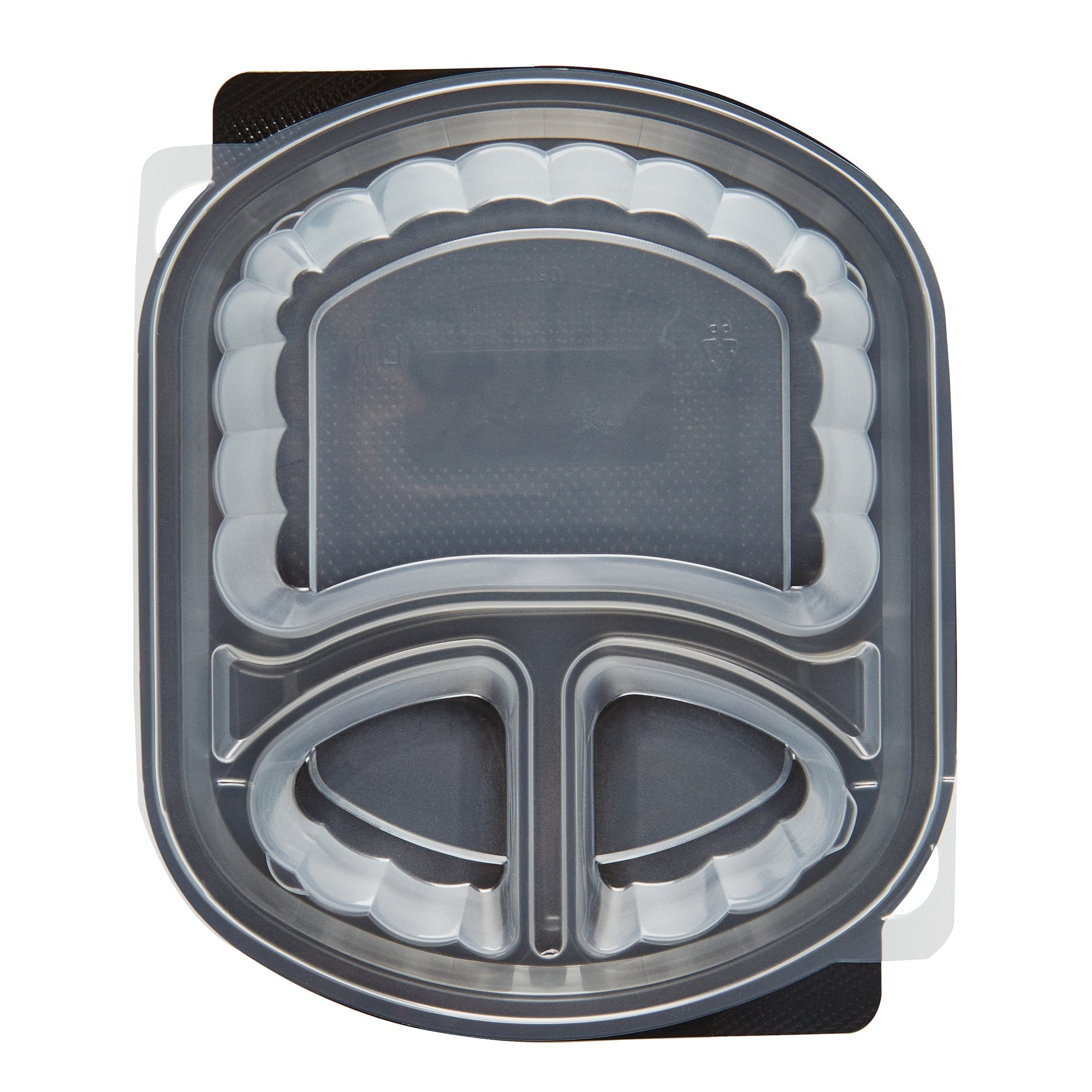 Chef 101 27 oz Oval Black Plastic Food Container - with Clear Lid, 3 Compartments, Microwavable - 9 1/2" x 8" x 2 3/4" - 100 count box