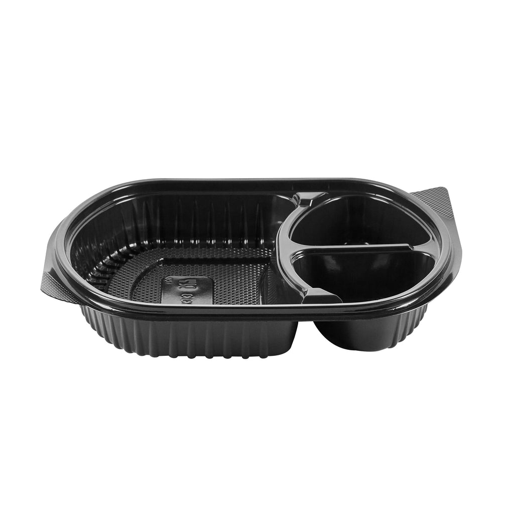 Chef 101 27 oz Oval Black Plastic Food Container - with Clear Lid, 3 Compartments, Microwavable - 9 1/2" x 8" x 2 3/4" - 100 count box
