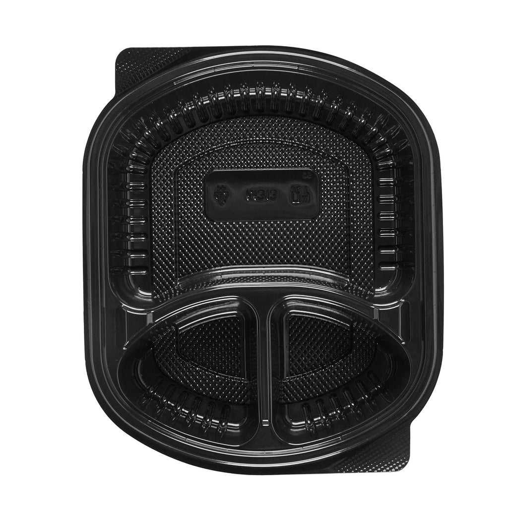 Chef 101 27 oz Oval Black Plastic Food Container - with Clear Lid, 3 Compartments, Microwavable - 9 1/2" x 8" x 2 3/4" - 100 count box