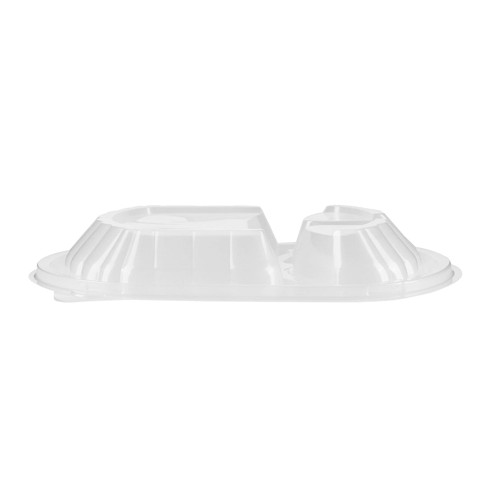 Chef 101 27 oz Oval Black Plastic Food Container - with Clear Lid, 3 Compartments, Microwavable - 9 1/2" x 8" x 2 3/4" - 100 count box
