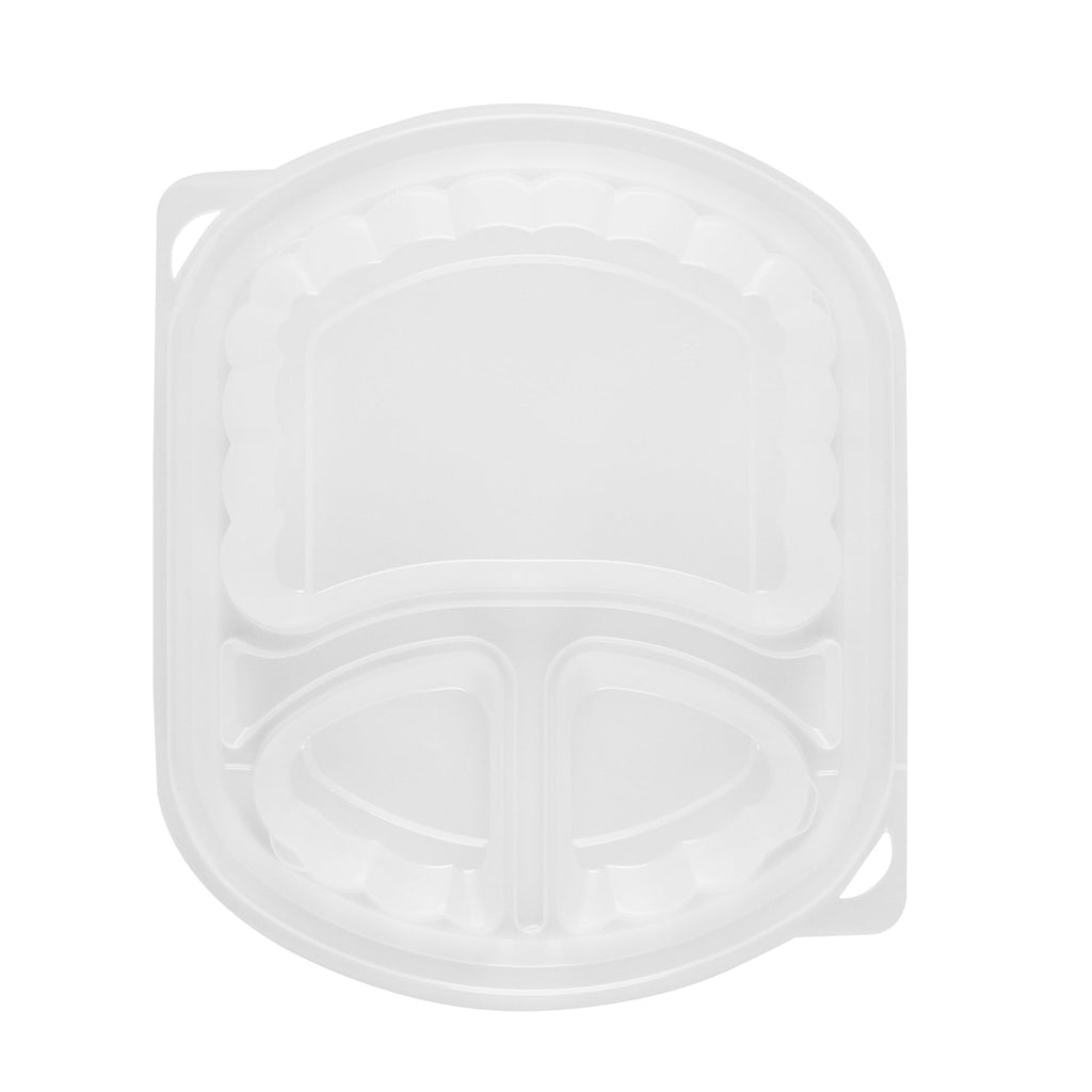 Chef 101 27 oz Oval Black Plastic Food Container - with Clear Lid, 3 Compartments, Microwavable - 9 1/2" x 8" x 2 3/4" - 100 count box