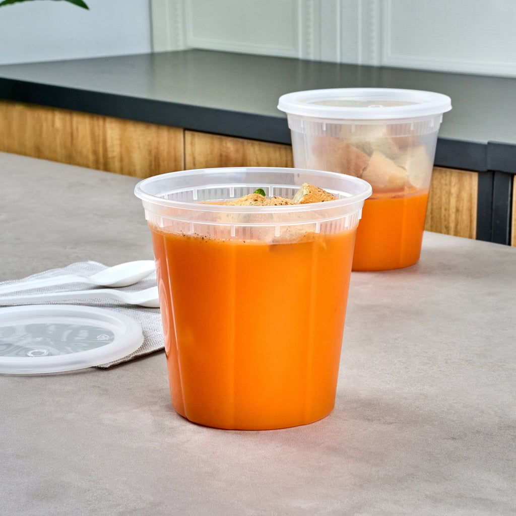 Asporto 32 oz Round Clear Plastic Soup Container - with Lid, Microwavable - 5" x 5" x 5" - 50 count box