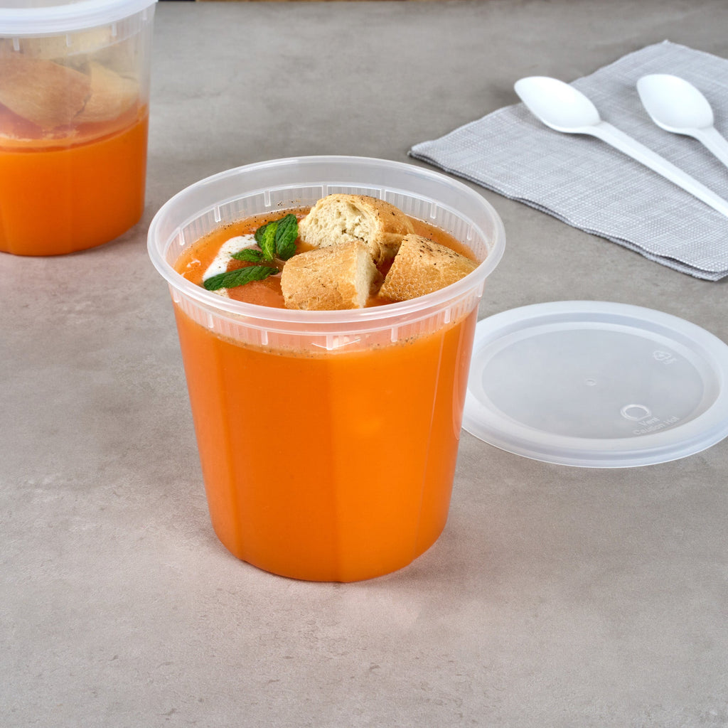 Asporto 32 oz Round Clear Plastic Soup Container - with Lid, Microwavable - 5" x 5" x 5" - 100 count box
