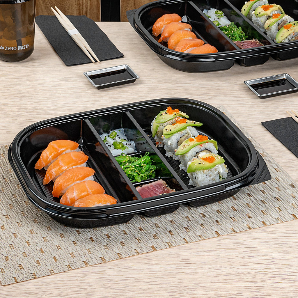 Bento Tek 51 oz Rectangle Black Plastic Bento Box - 5 Compartments - 12 1/4" x 9 3/4" x 1 1/2" - 100 count box