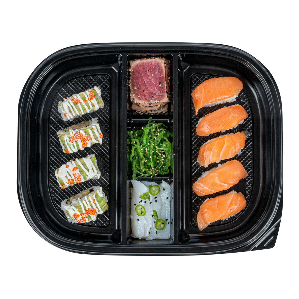 Bento Tek 51 oz Rectangle Black Plastic Bento Box - 5 Compartments - 12 1/4" x 9 3/4" x 1 1/2" - 50 count box