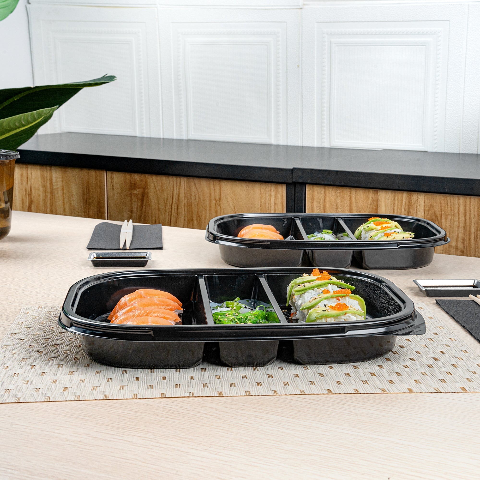 Bento Tek 51 oz Rectangle Black Plastic Bento Box - 5 Compartments - 12 1/4" x 9 3/4" x 1 1/2" - 50 count box