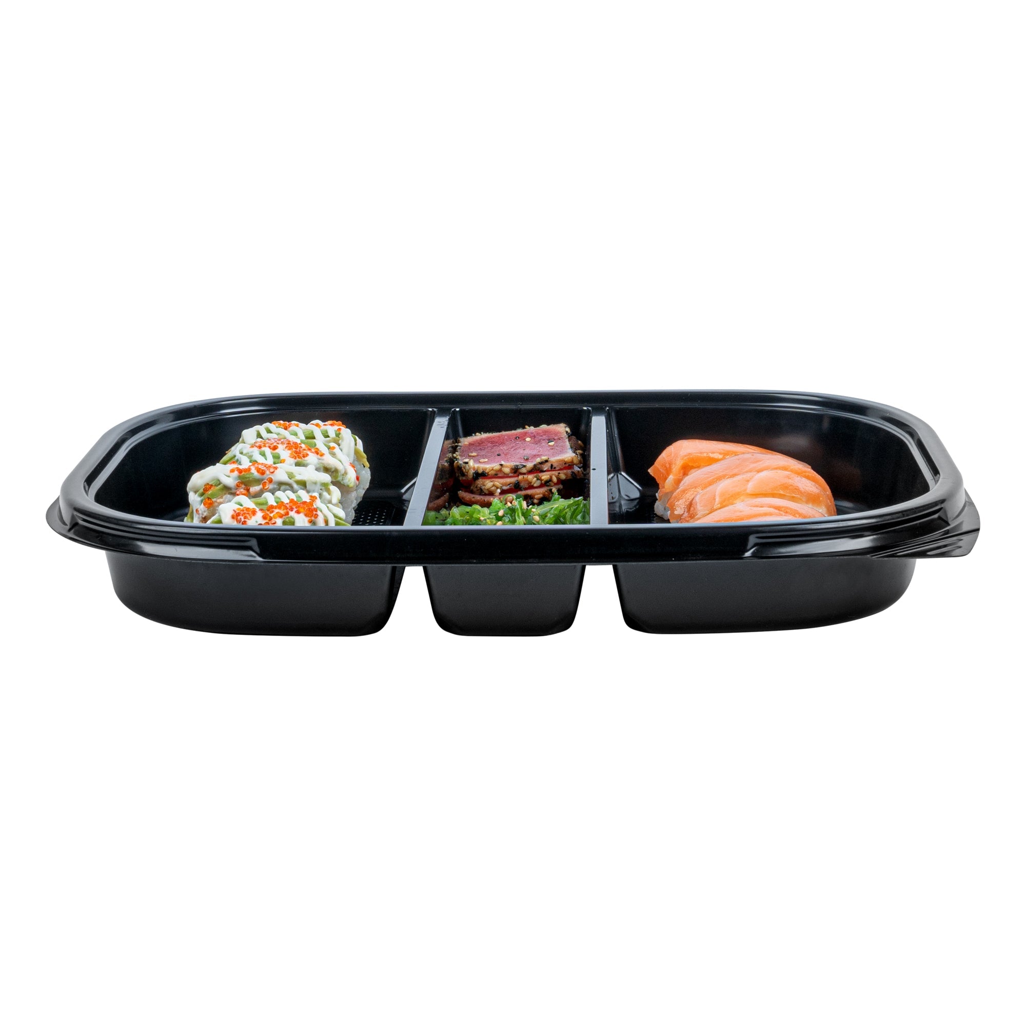 Bento Tek 51 oz Rectangle Black Plastic Bento Box - 5 Compartments - 12 1/4" x 9 3/4" x 1 1/2" - 100 count box