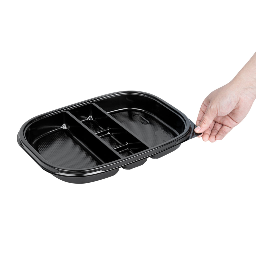 Bento Tek 51 oz Rectangle Black Plastic Bento Box - 5 Compartments - 12 1/4" x 9 3/4" x 1 1/2" - 100 count box