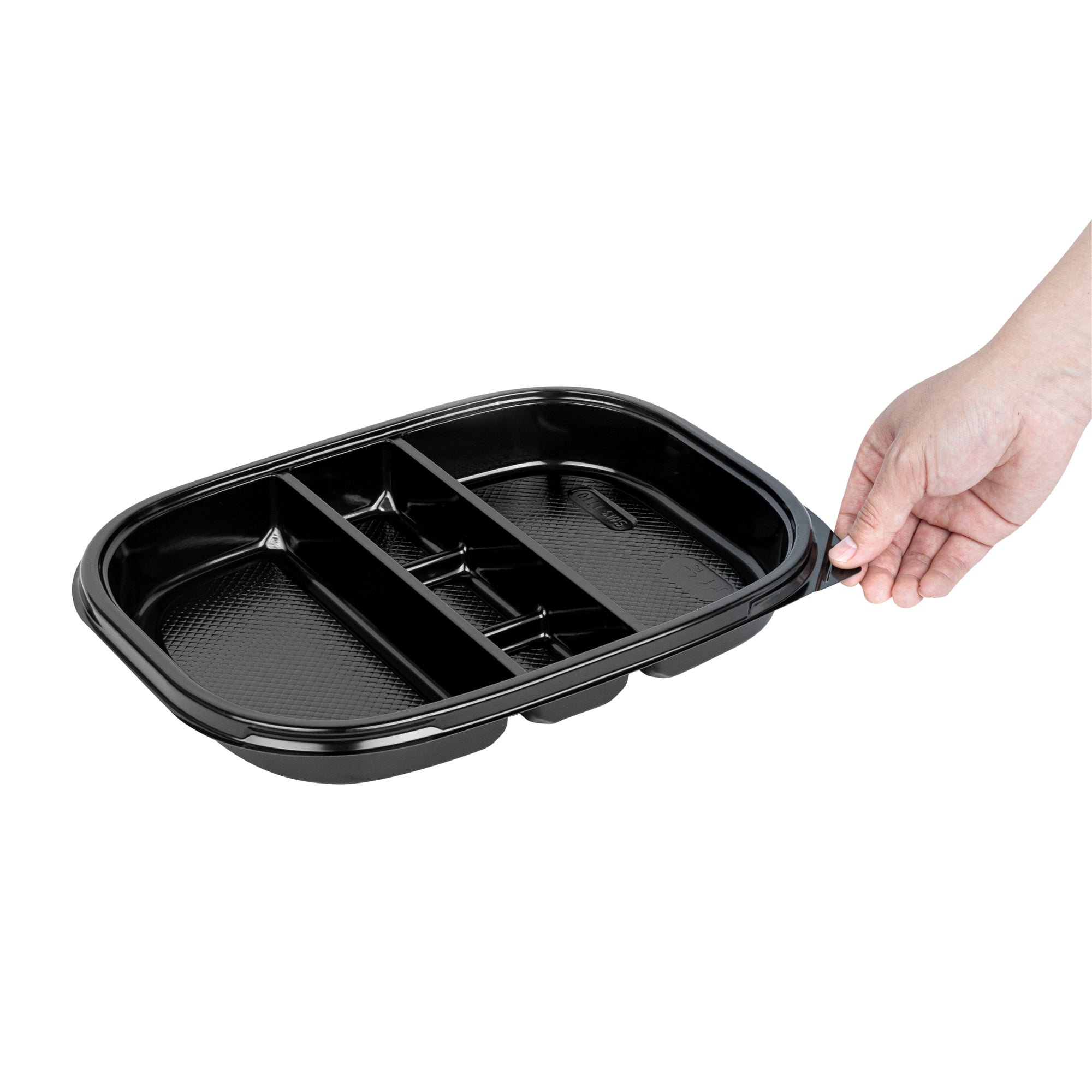 Bento Tek 51 oz Rectangle Black Plastic Bento Box - 5 Compartments - 12 1/4" x 9 3/4" x 1 1/2" - 100 count box