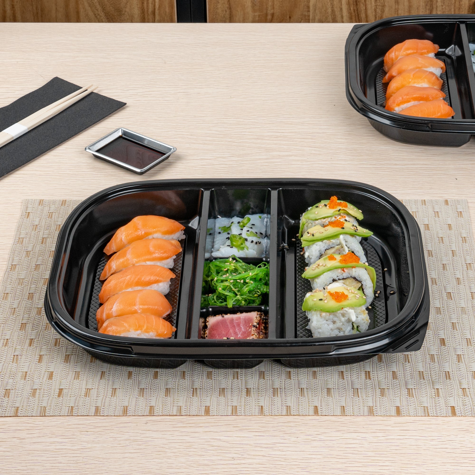 Bento Tek 51 oz Rectangle Black Plastic Bento Box - 5 Compartments - 12 1/4" x 9 3/4" x 1 1/2" - 100 count box
