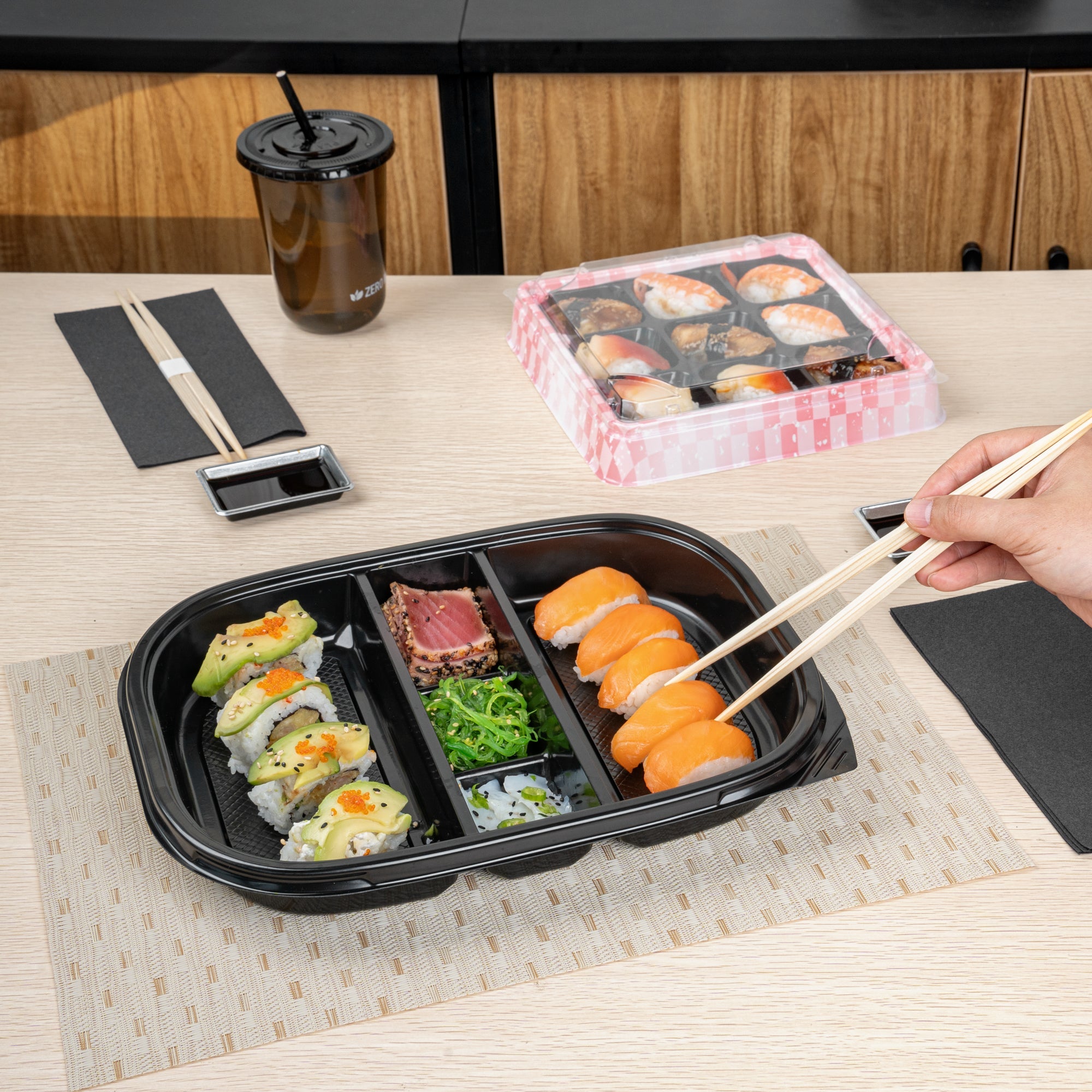 Bento Tek 51 oz Rectangle Black Plastic Bento Box - 5 Compartments - 12 1/4" x 9 3/4" x 1 1/2" - 100 count box