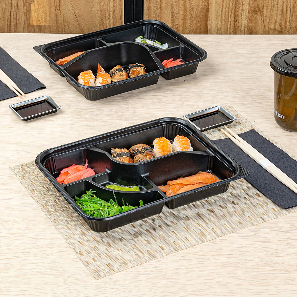 Bento Tek 26 oz Rectangle Black Plastic Bento Box - 5 Compartments - 10 1/2" x 8" x 1 3/4" - 100 count box