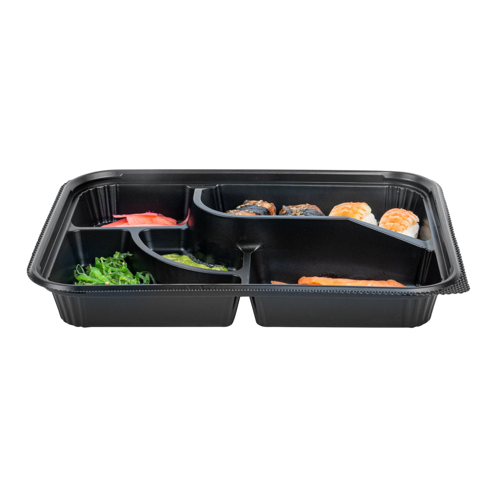 Bento Tek 26 oz Rectangle Black Plastic Bento Box - 5 Compartments - 10 1/2" x 8" x 1 3/4" - 100 count box