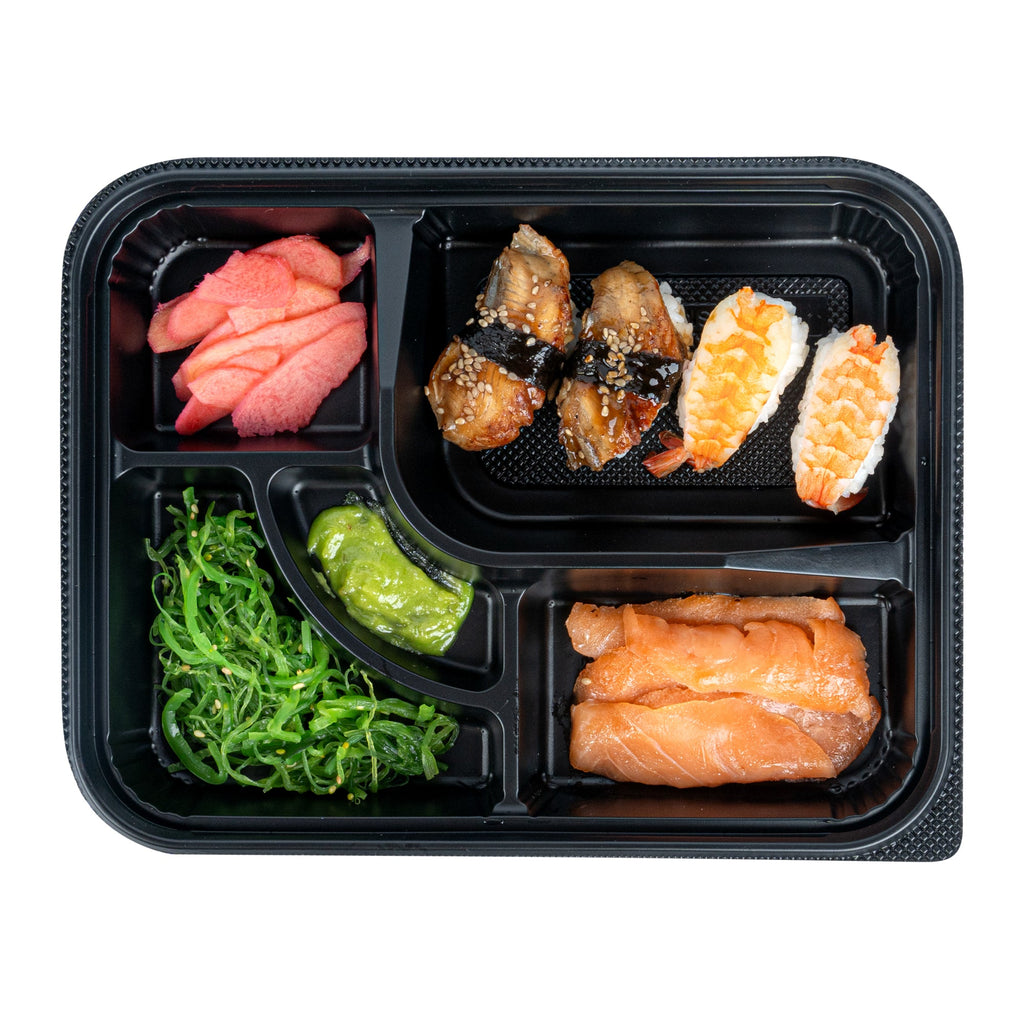 Bento Tek 26 oz Rectangle Black Plastic Bento Box - 5 Compartments - 10 1/2" x 8" x 1 3/4" - 100 count box
