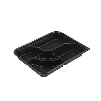 Bento Tek 26 oz Rectangle Black Plastic Bento Box - 5 Compartments - 10 1/2" x 8" x 1 3/4" - 100 count box