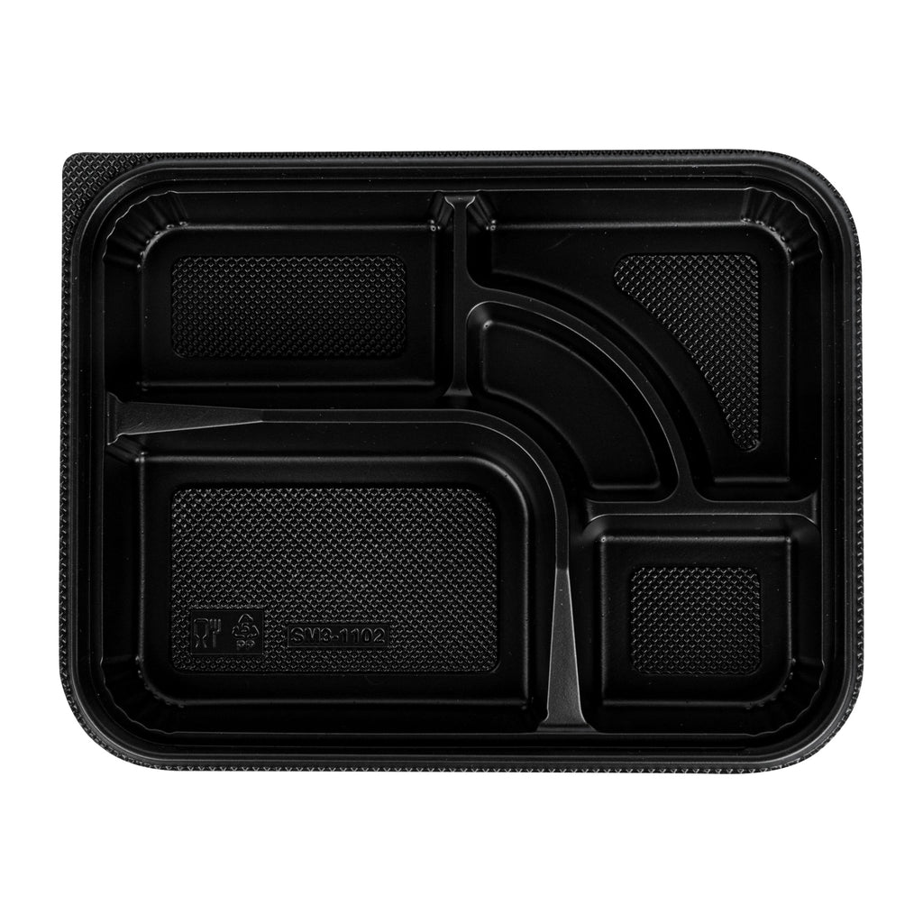 Bento Tek 26 oz Rectangle Black Plastic Bento Box - 5 Compartments - 10 1/2" x 8" x 1 3/4" - 100 count box