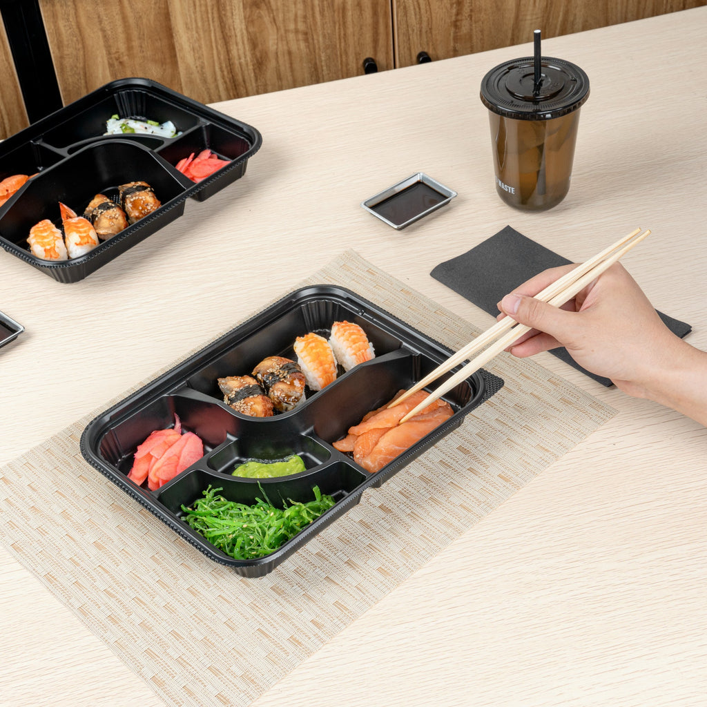 Bento Tek 26 oz Rectangle Black Plastic Bento Box - 5 Compartments - 10 1/2" x 8" x 1 3/4" - 100 count box
