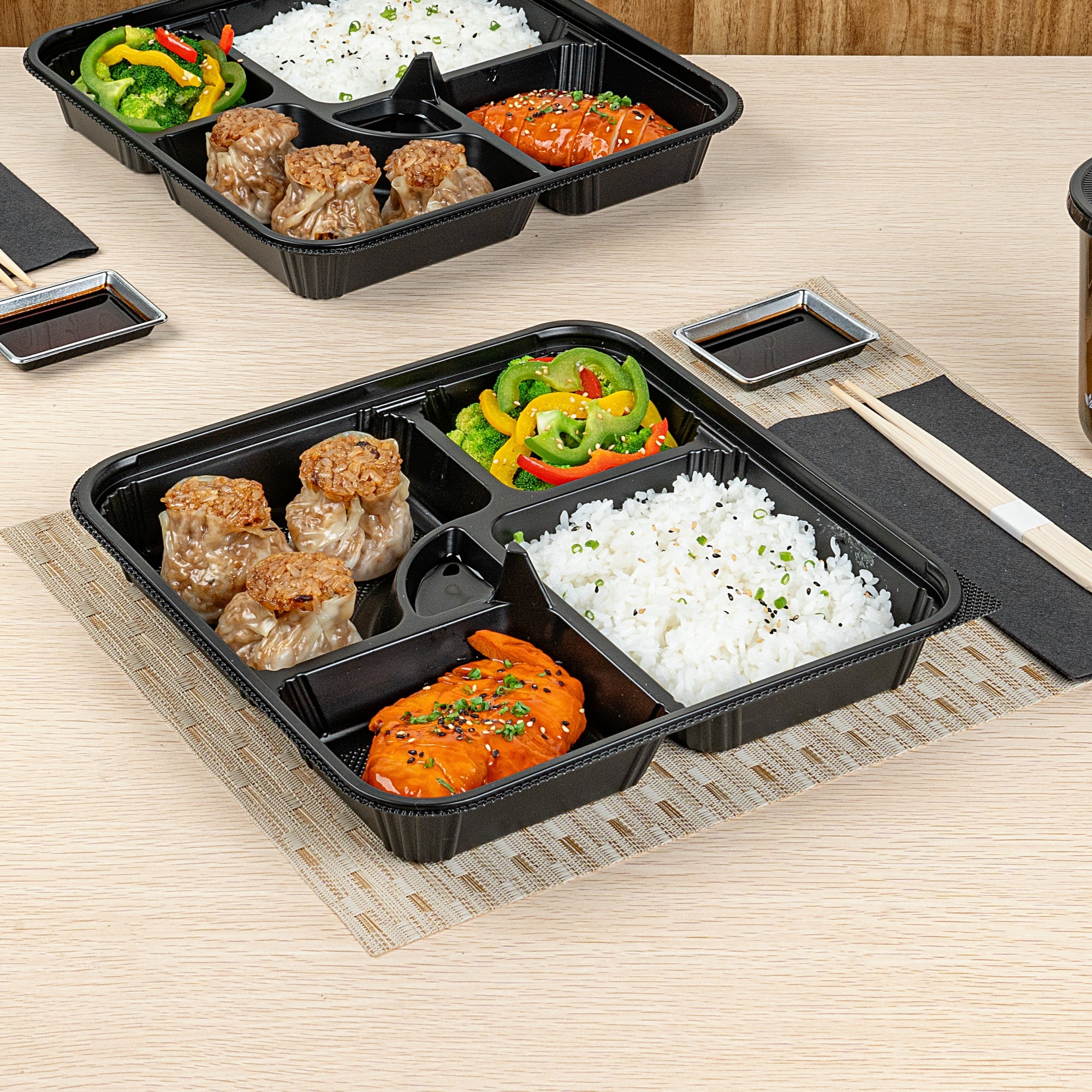 Bento Tek 40 oz Square Black Plastic Bento Box - 5 Compartments, Microwavable - 10 1/2" x 10 1/2" x 2" - 100 count box
