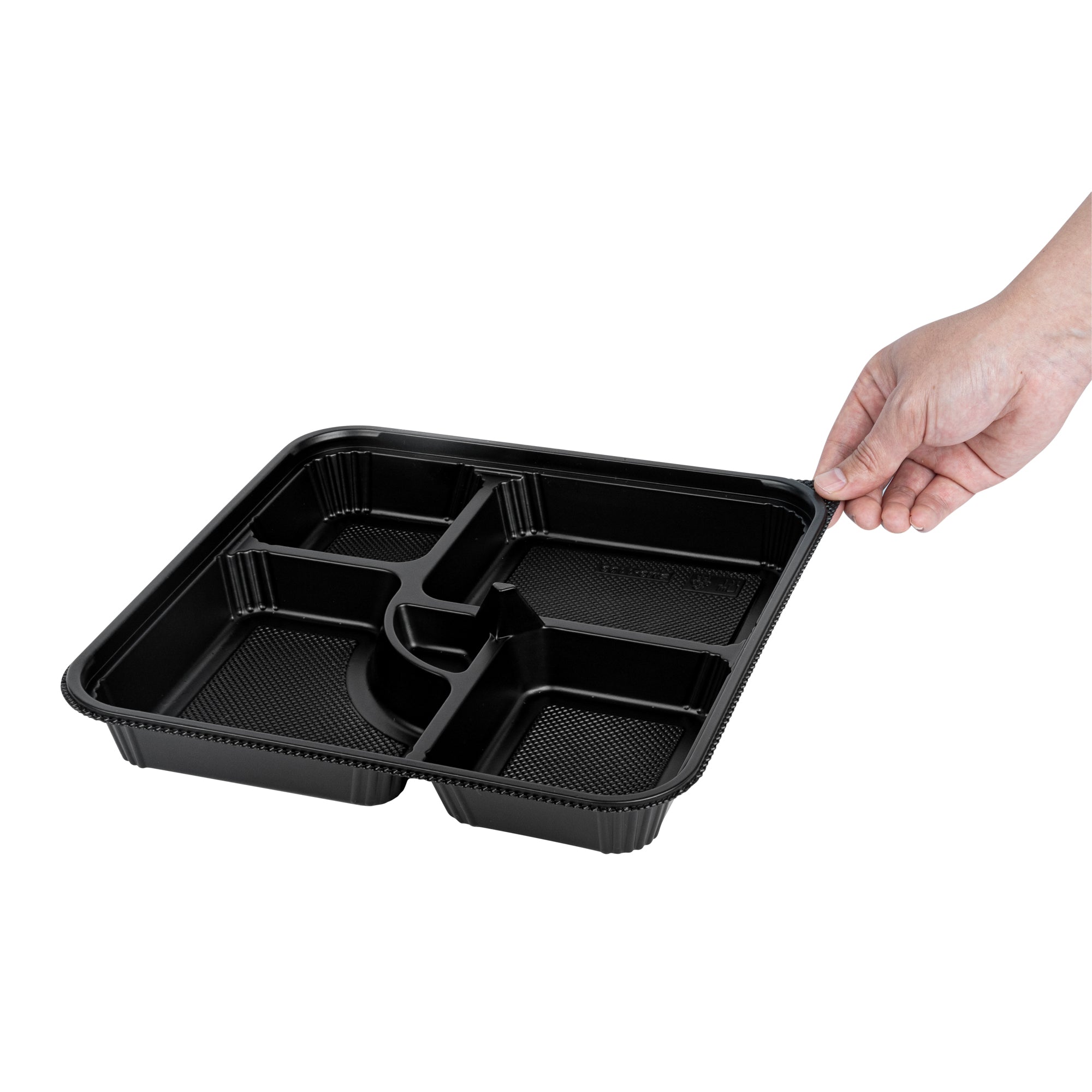 Bento Tek 40 oz Square Black Plastic Bento Box - 5 Compartments, Microwavable - 10 1/2" x 10 1/2" x 2" - 50 count box
