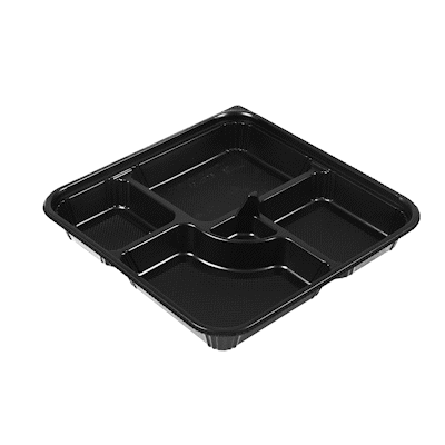 Bento Tek 40 oz Square Black Plastic Bento Box - 5 Compartments, Microwavable - 10 1/2" x 10 1/2" x 2" - 50 count box