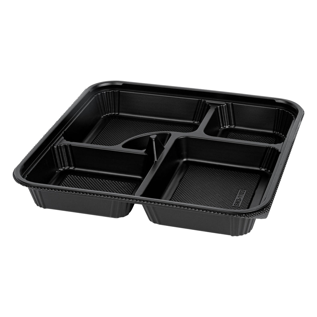 Bento Tek 40 oz Square Black Plastic Bento Box - 5 Compartments, Microwavable - 10 1/2" x 10 1/2" x 2" - 50 count box