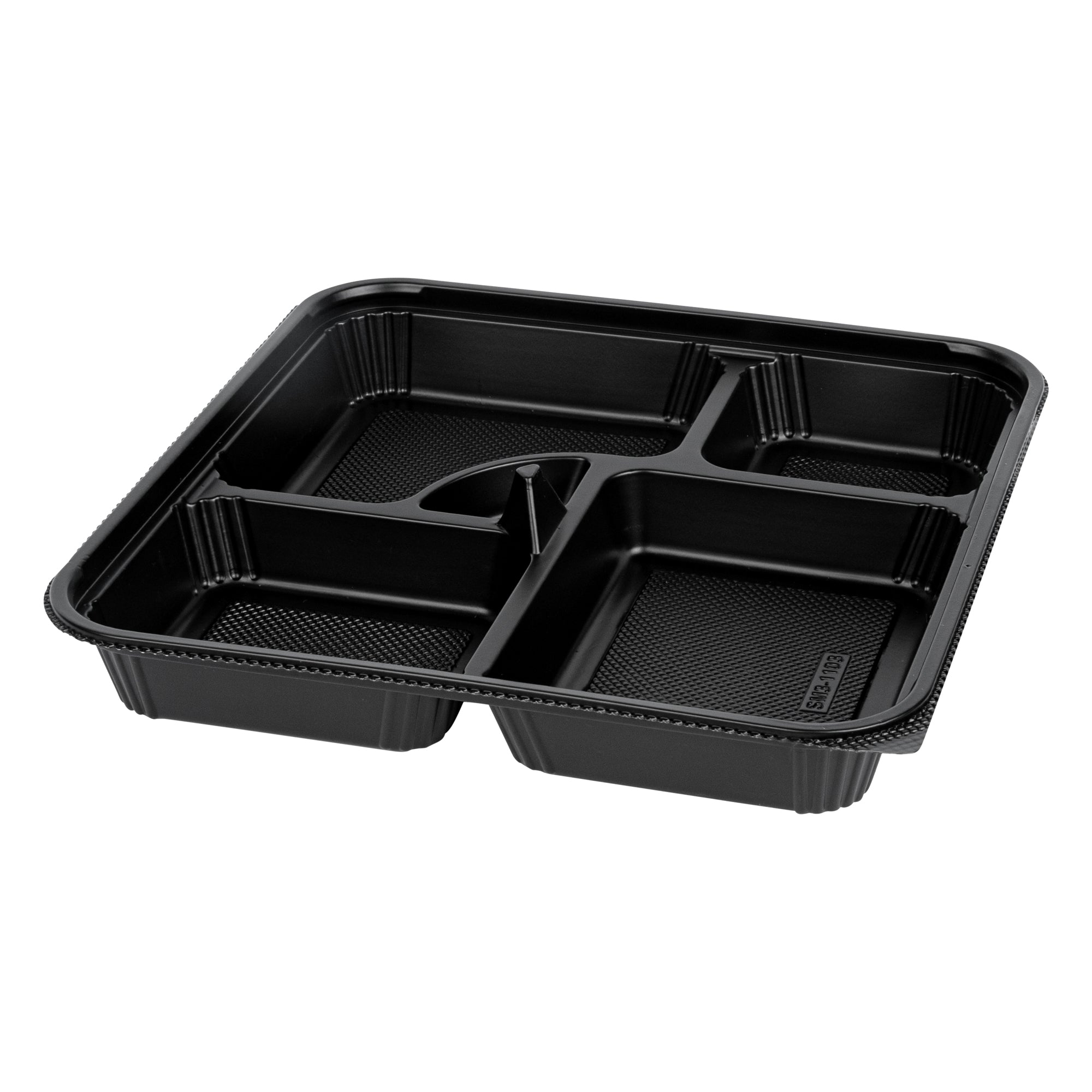 Bento Tek 40 oz Square Black Plastic Bento Box - 5 Compartments, Microwavable - 10 1/2" x 10 1/2" x 2" - 50 count box