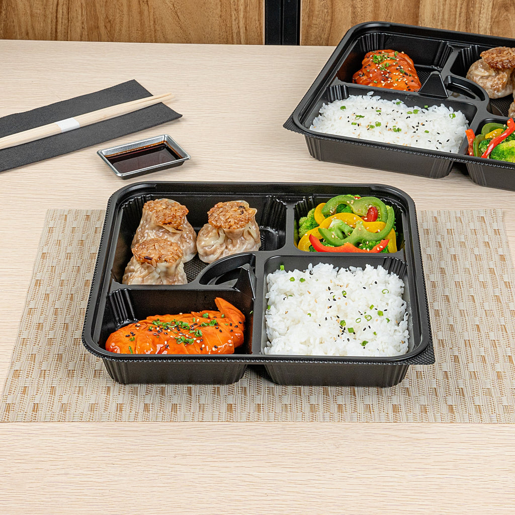 Bento Tek 40 oz Square Black Plastic Bento Box - 5 Compartments, Microwavable - 10 1/2" x 10 1/2" x 2" - 50 count box