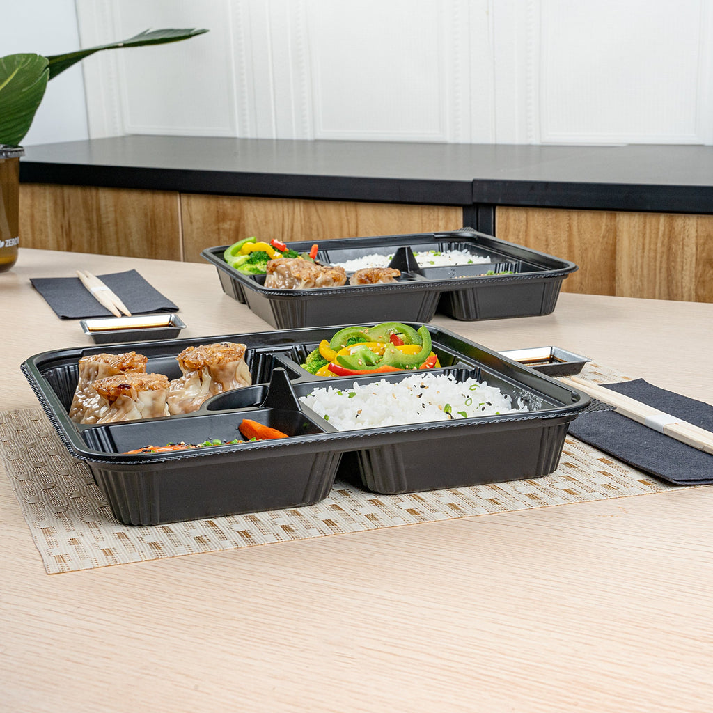 Bento Tek 40 oz Square Black Plastic Bento Box - 5 Compartments, Microwavable - 10 1/2" x 10 1/2" x 2" - 50 count box