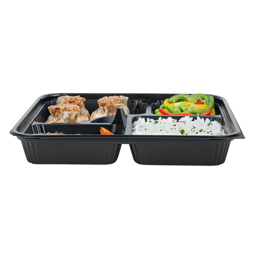 Bento Tek 40 oz Square Black Plastic Bento Box - 5 Compartments, Microwavable - 10 1/2" x 10 1/2" x 2" - 100 count box