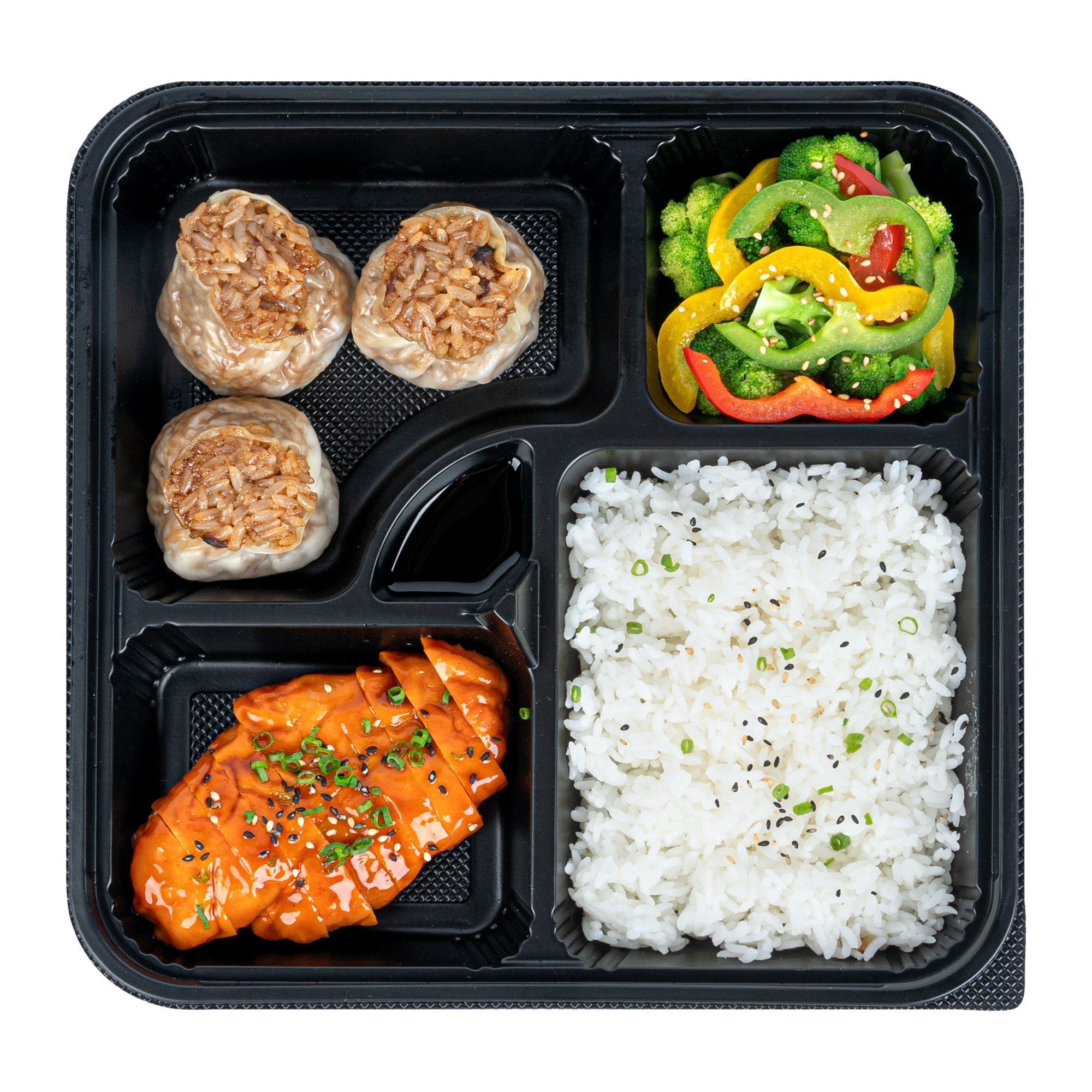 Bento Tek 40 oz Square Black Plastic Bento Box - 5 Compartments, Microwavable - 10 1/2" x 10 1/2" x 2" - 100 count box