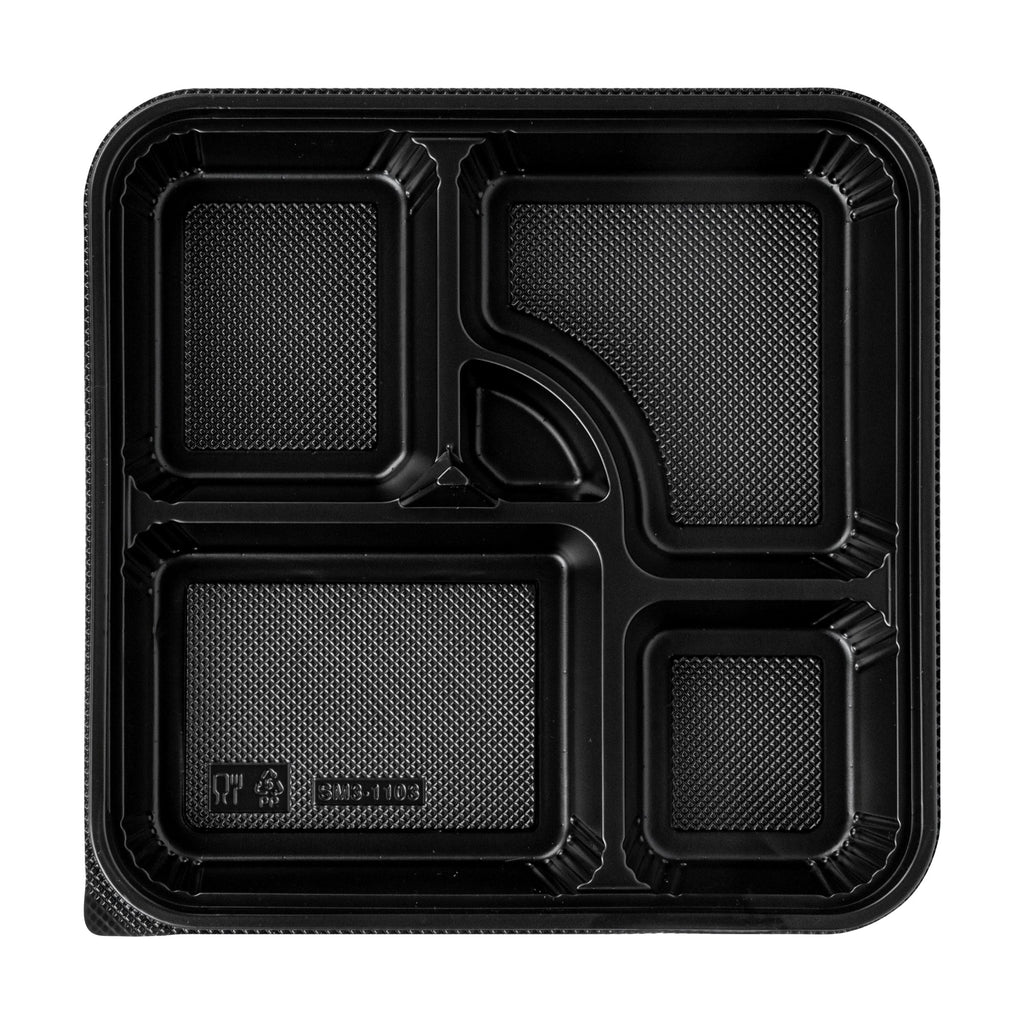 Bento Tek 40 oz Square Black Plastic Bento Box - 5 Compartments, Microwavable - 10 1/2" x 10 1/2" x 2" - 100 count box