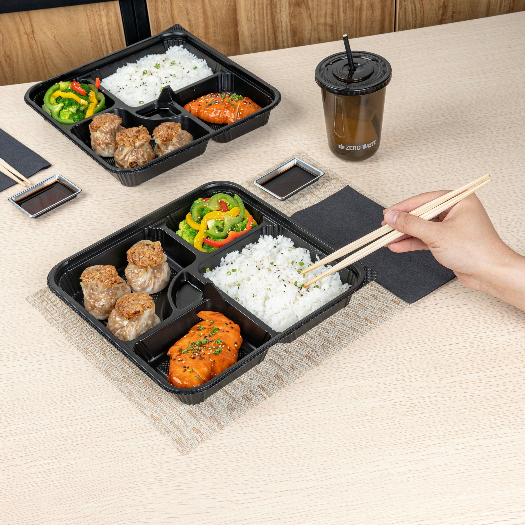 Bento Tek 40 oz Square Black Plastic Bento Box - 5 Compartments, Microwavable - 10 1/2" x 10 1/2" x 2" - 100 count box