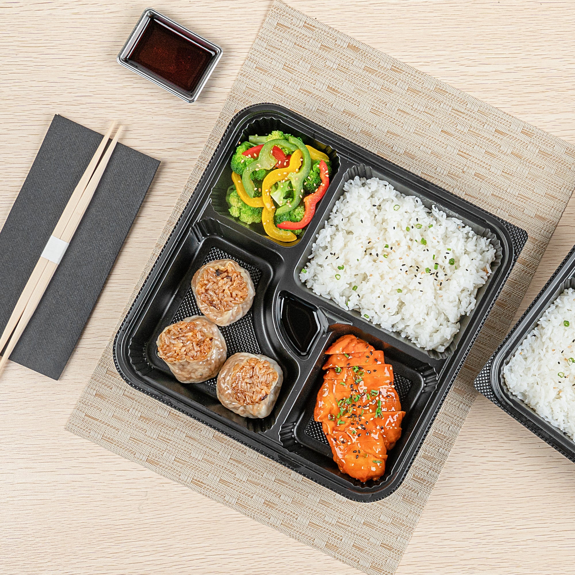 Bento Tek 40 oz Square Black Plastic Bento Box - 5 Compartments, Microwavable - 10 1/2" x 10 1/2" x 2" - 100 count box