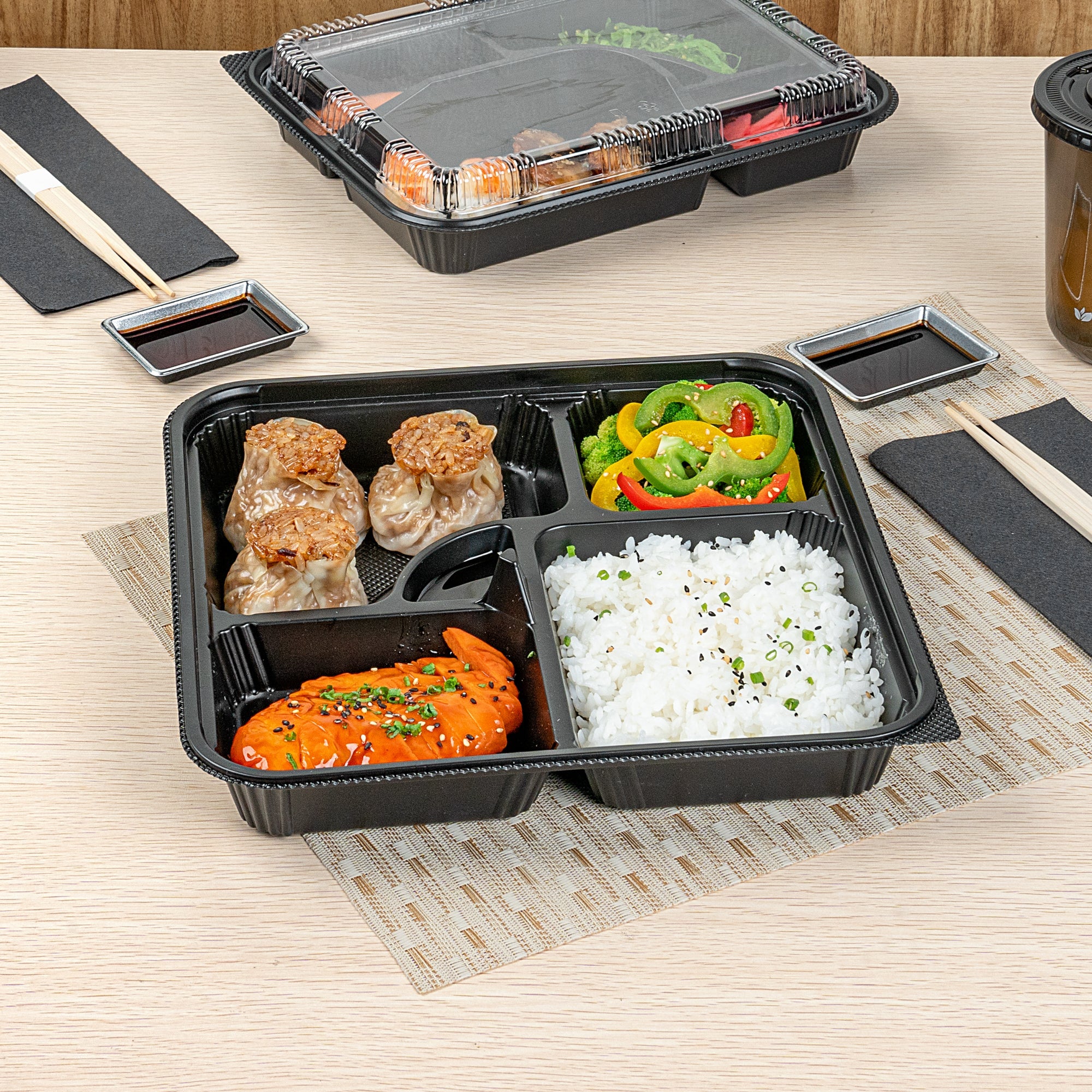 Bento Tek 40 oz Square Black Plastic Bento Box - 5 Compartments, Microwavable - 10 1/2" x 10 1/2" x 2" - 100 count box