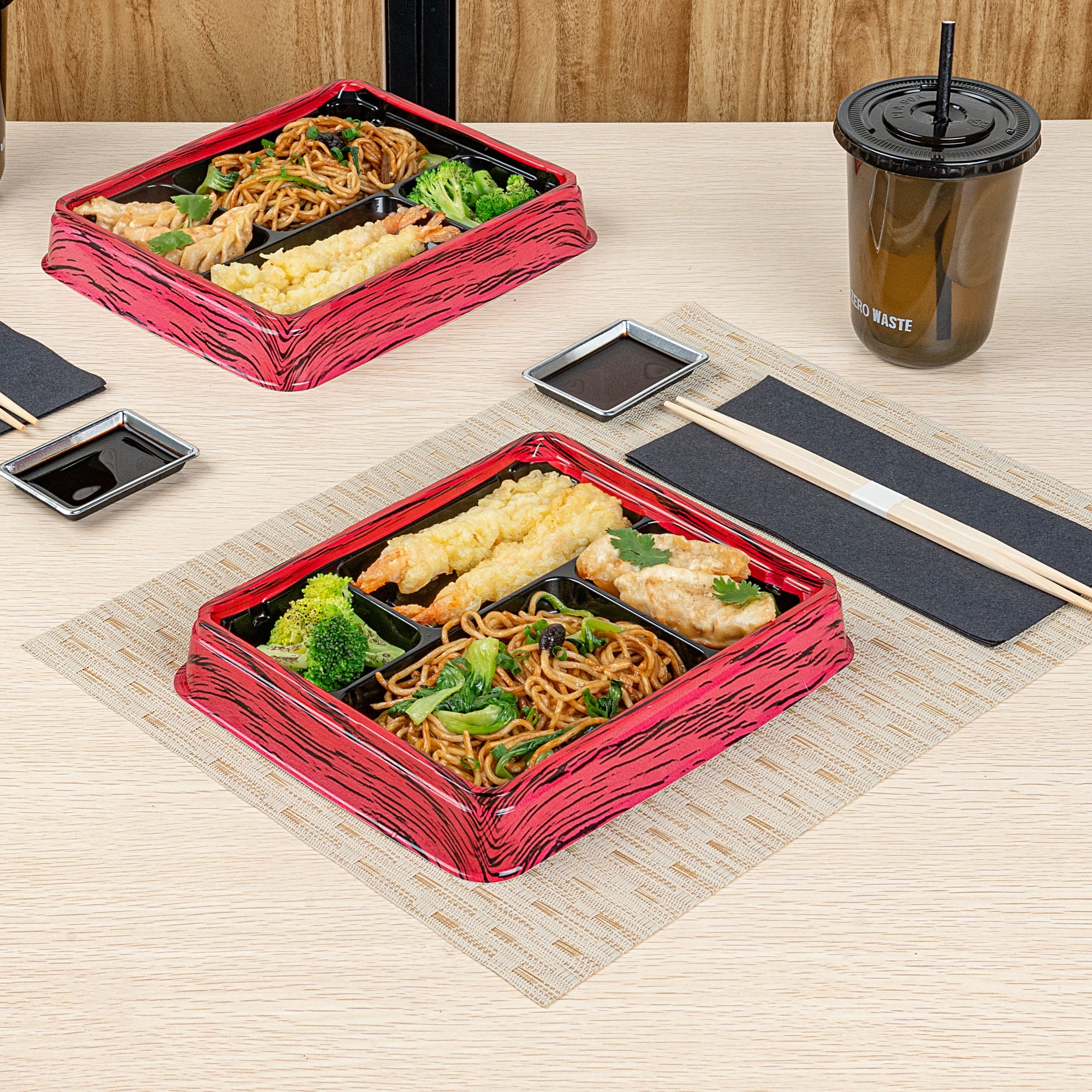 Bento Tek 15 oz Rectangle Red and Black Plastic Bento Box - 4 Compartments - 8 3/4'' x 7 1/2'' x 1 1/2'' - 50 count box