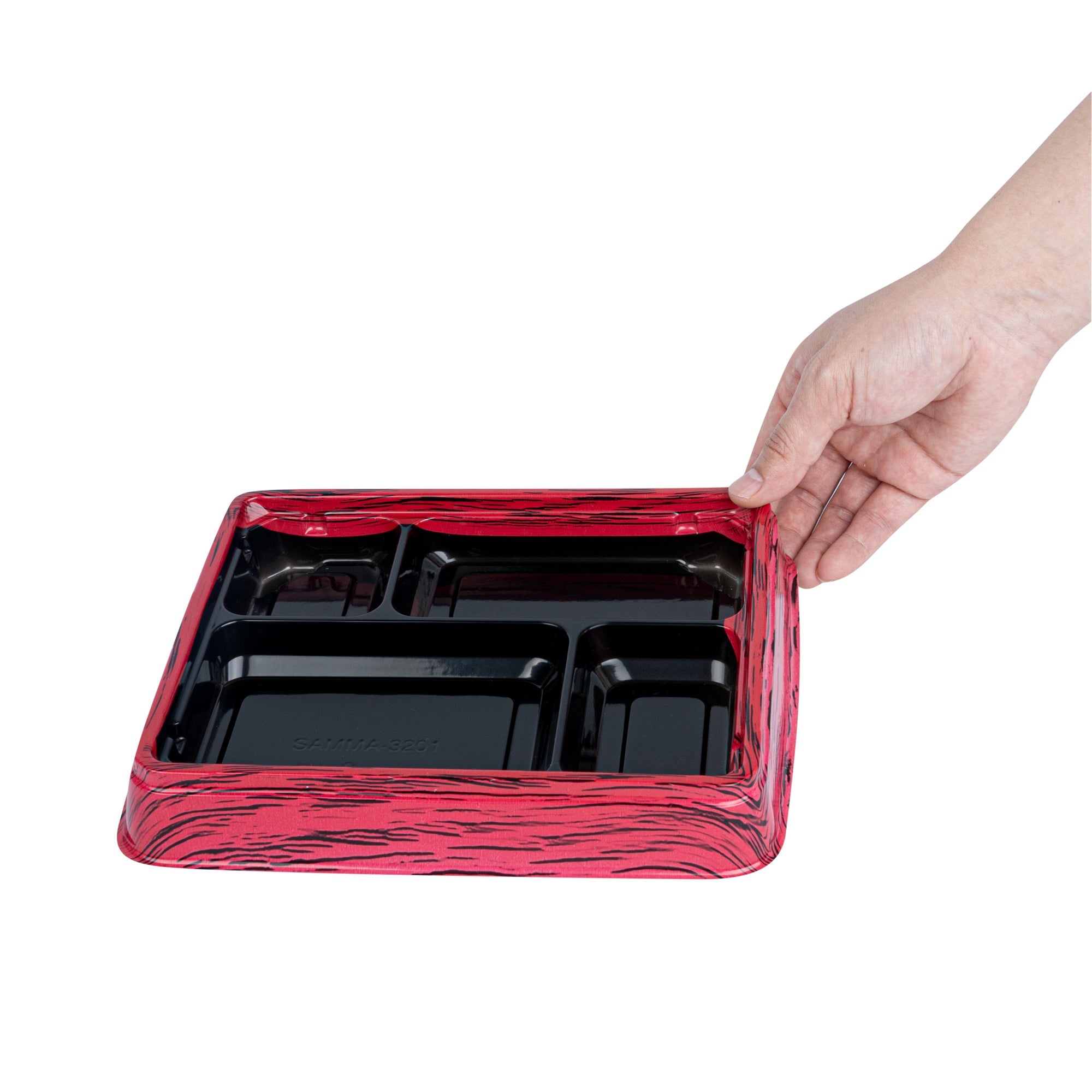 Bento Tek 15 oz Rectangle Red and Black Plastic Bento Box - 4 Compartments - 8 3/4'' x 7 1/2'' x 1 1/2'' - 50 count box