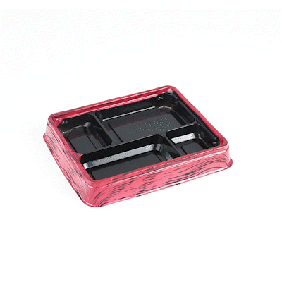 Bento Tek 15 oz Rectangle Red and Black Plastic Bento Box - 4 Compartments - 8 3/4'' x 7 1/2'' x 1 1/2'' - 50 count box