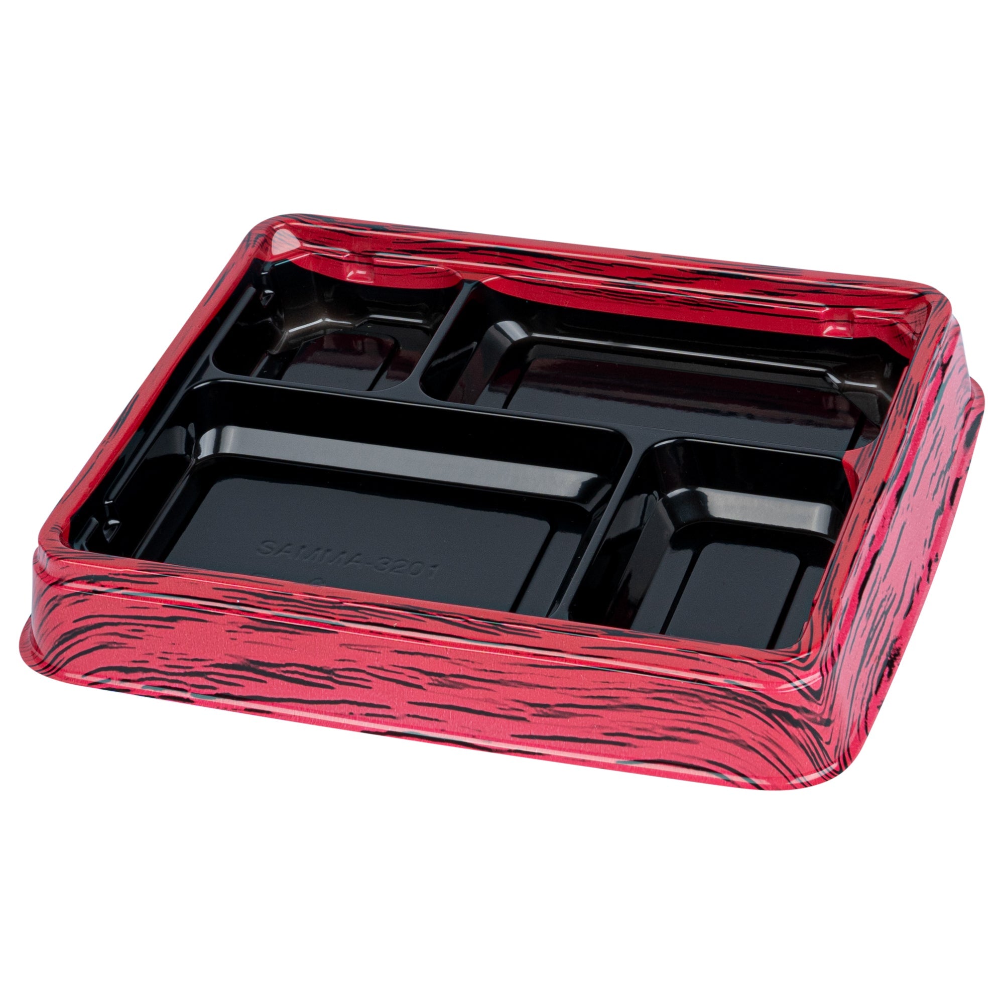 Bento Tek 15 oz Rectangle Red and Black Plastic Bento Box - 4 Compartments - 8 3/4'' x 7 1/2'' x 1 1/2'' - 50 count box