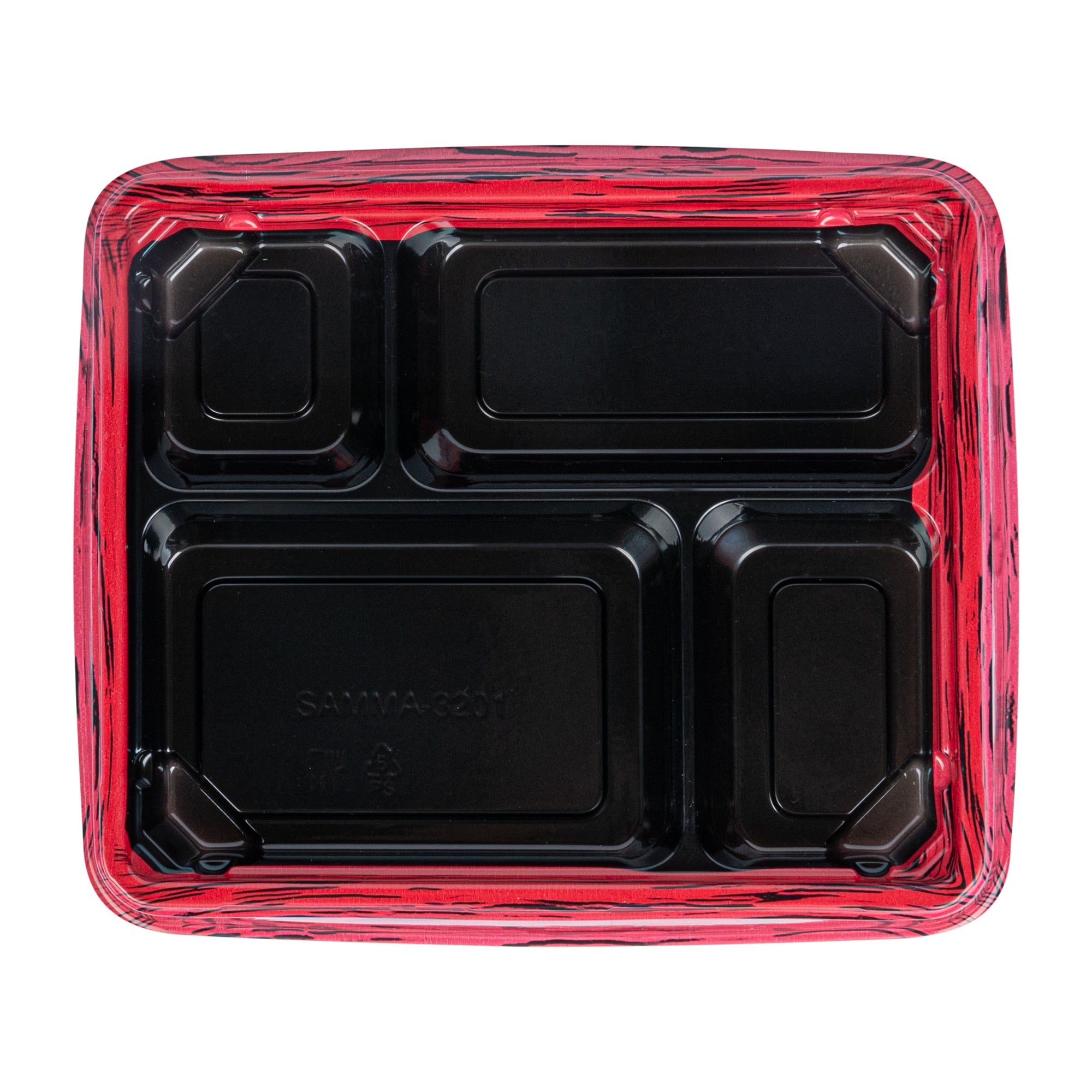 Bento Tek 15 oz Rectangle Red and Black Plastic Bento Box - 4 Compartments - 8 3/4'' x 7 1/2'' x 1 1/2'' - 50 count box