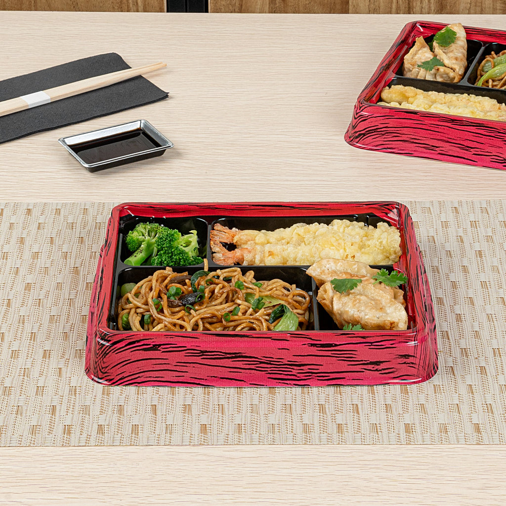 Bento Tek 15 oz Rectangle Red and Black Plastic Bento Box - 4 Compartments - 8 3/4'' x 7 1/2'' x 1 1/2'' - 50 count box