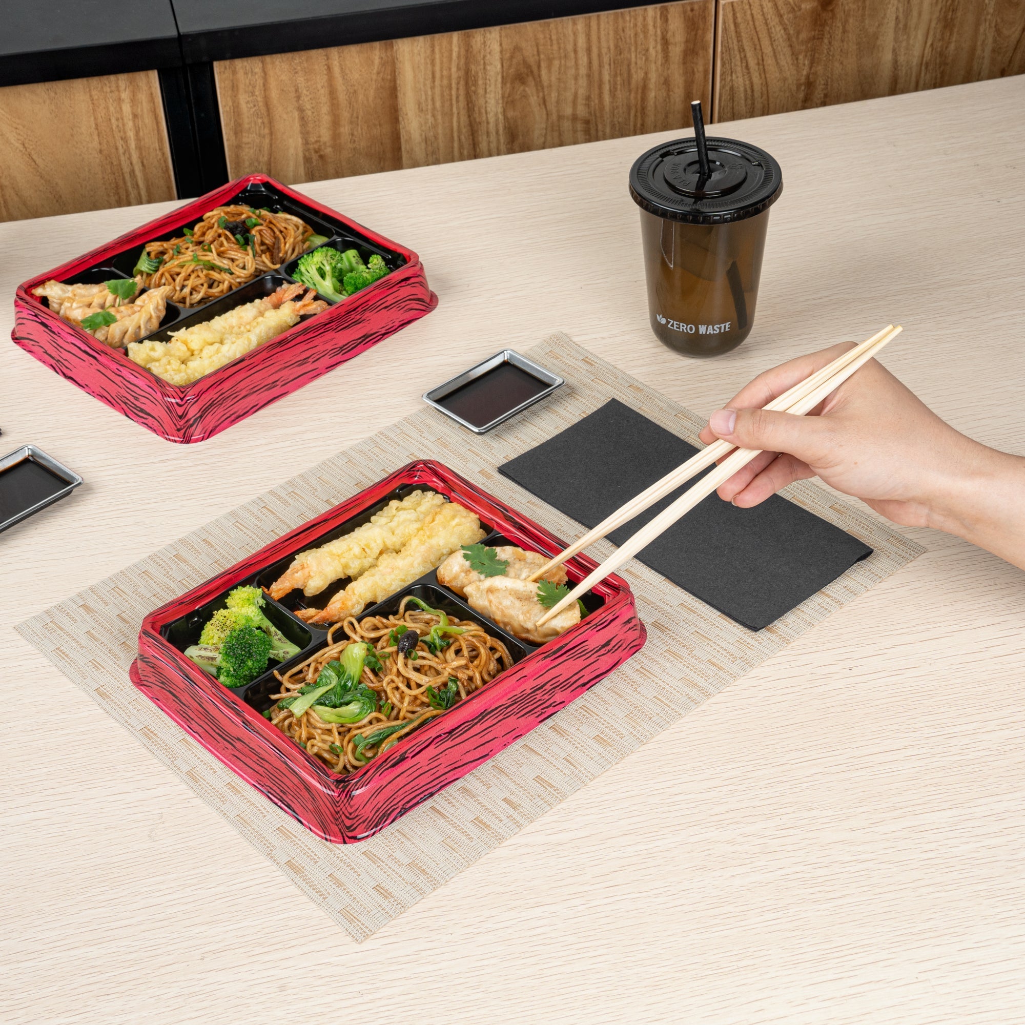 Bento Tek 15 oz Rectangle Red and Black Plastic Bento Box - 4 Compartments - 8 3/4'' x 7 1/2'' x 1 1/2'' - 50 count box