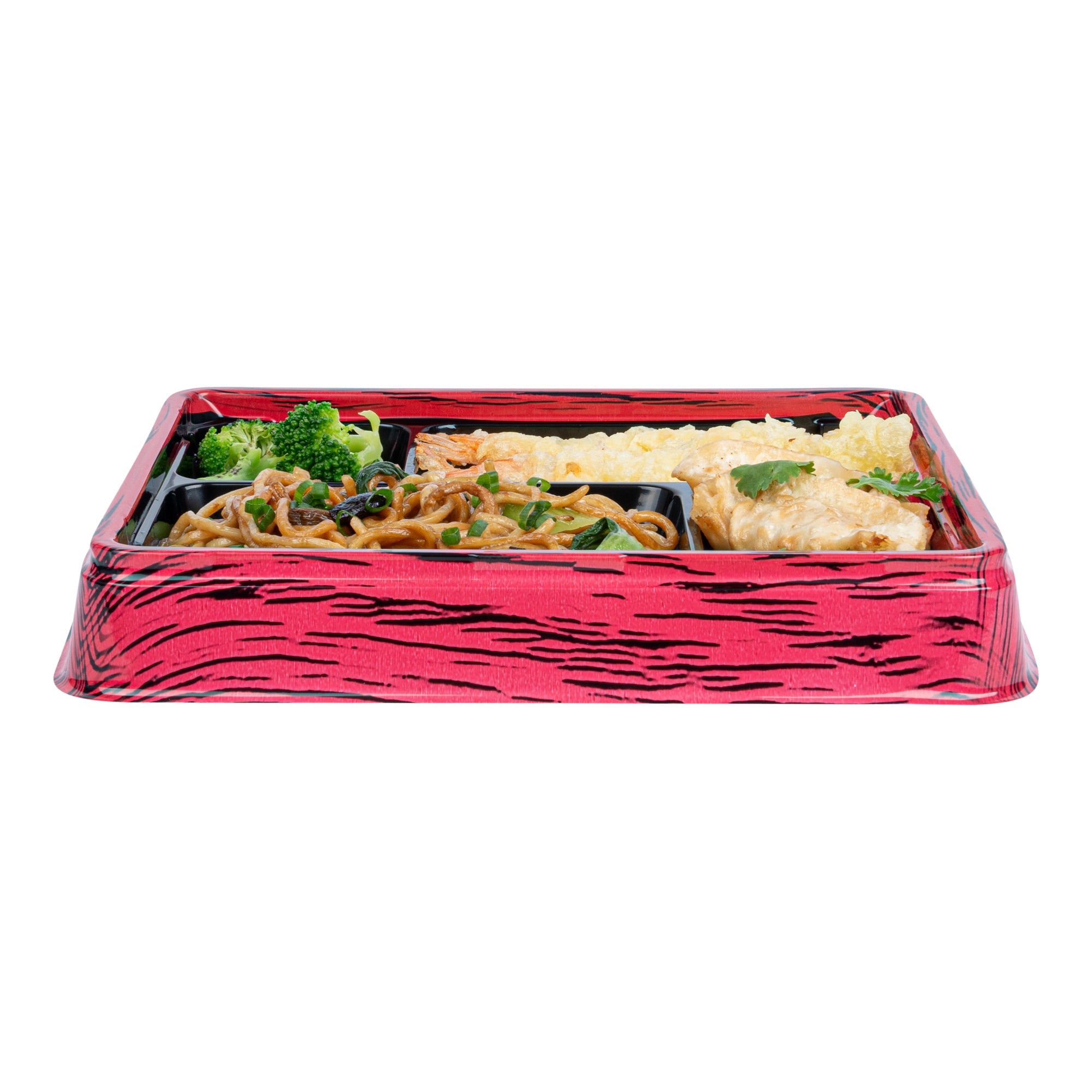 Bento Tek 15 oz Rectangle Red and Black Plastic Bento Box - 4 Compartments - 8 3/4" x 7 1/2" x 1 1/4" - 100 count box